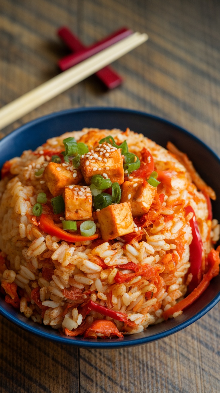 A bowl of spicy kimchi fried rice with crispy tofu, garnished with sesame seeds and green onions, on a rustic table.